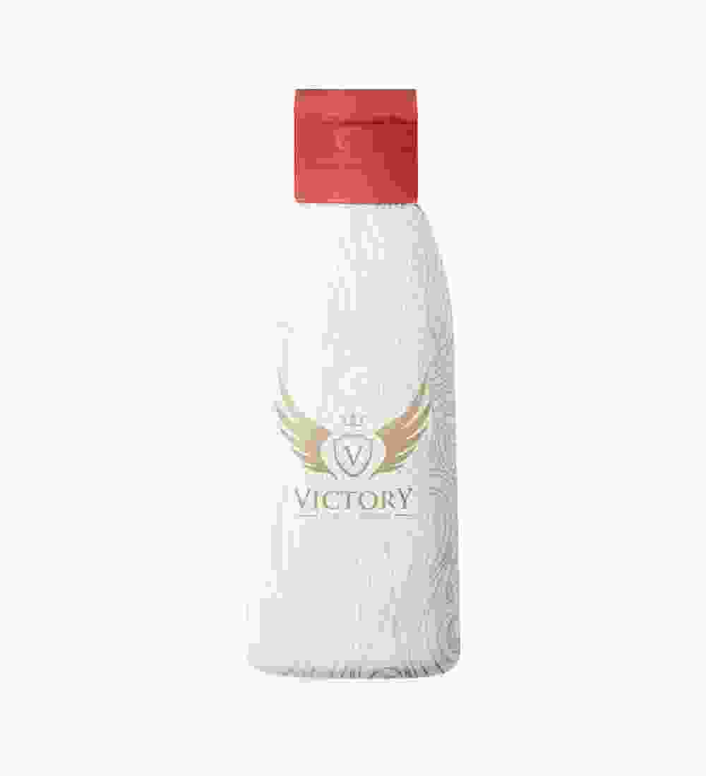 A bottle of victory water with wings on it.